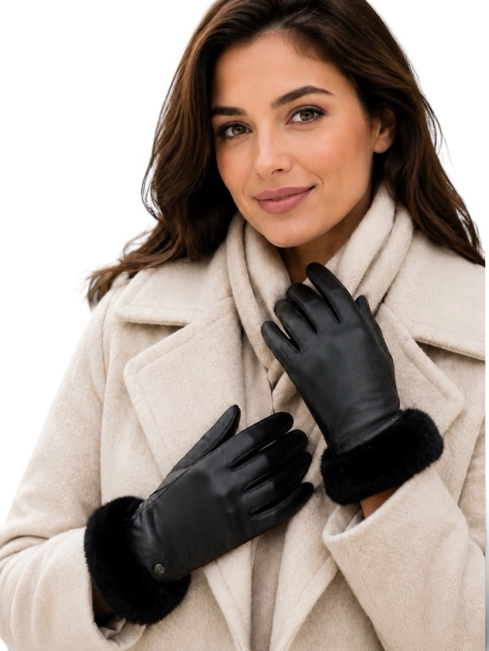 UGG Leather Tech Touch Gloves Cashmere Lined Shearling Cuff Black Sz Large NWT